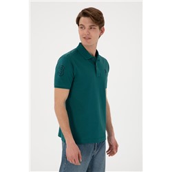 Erkek Slim Fit Polo Yaka Koyu Yeşil Basic Tişört