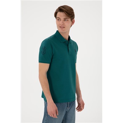 Erkek Slim Fit Polo Yaka Koyu Yeşil Basic Tişört