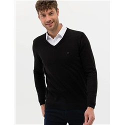 Siyah Slim Fit V Yaka Basic Triko Kazak