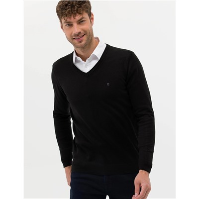 Siyah Slim Fit V Yaka Basic Triko Kazak