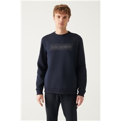 Lacivert Bisiklet Yaka 3 İplik İçi Polarlı Baskılı Regular Fit Standart Kesim Sweatshirt