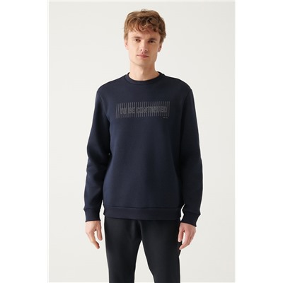 Lacivert Bisiklet Yaka 3 İplik İçi Polarlı Baskılı Regular Fit Standart Kesim Sweatshirt