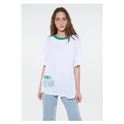 Mavi Baskılı Beyaz Tişört Oversize / Geniş Kesim 1611920-620