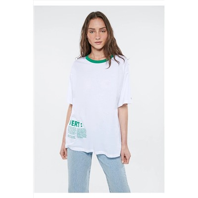 Mavi Baskılı Beyaz Tişört Oversize / Geniş Kesim 1611920-620