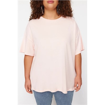 Açık Pembe %100 Pamuk Sırt Baskılı Geniş Rahat Kesim Bisiklet Yaka Örme T-Shirt TBBSS24BF00025