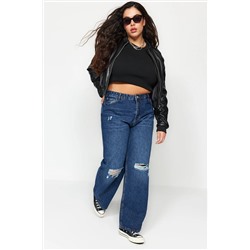Koyu Mavi Yüksek Bel Destroylu Geniş Paça Büyük Beden Wide Leg Jeans TBBSS22JE00006