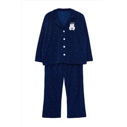 Lacivert Puantiyeli Gömlek Yaka Örme Pijama Takımı TBBAW25AI00035