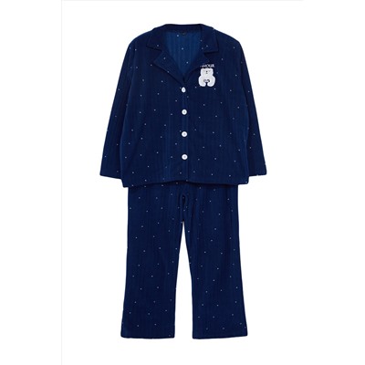 Lacivert Puantiyeli Gömlek Yaka Örme Pijama Takımı TBBAW25AI00035