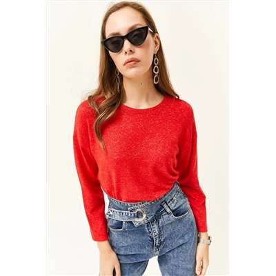 Olalook, Kadın Nar Çiçegi Bisiklet Yaka Yarasa Yumuşak Dokulu Bluz BLZ-19002385