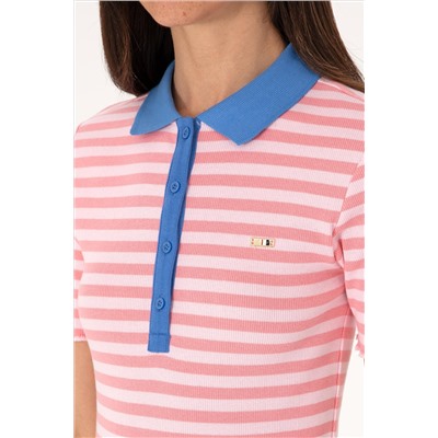 Kadın Pembe Çizgili Polo Yaka Tişört