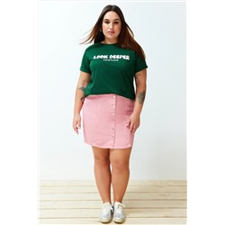 Koyu Yeşil Slogan Baskılı Boyfriend %100 Pamuk Örme Büyük Beden T-shirt TBBSS24BF00036