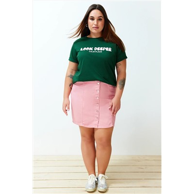 Koyu Yeşil Slogan Baskılı Boyfriend %100 Pamuk Örme Büyük Beden T-shirt TBBSS24BF00036