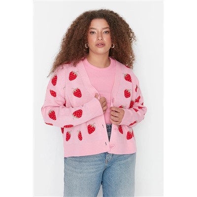 Pembe Çilek Desenli V Yaka Crop Triko Hırka TBBAW23AV00028