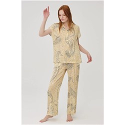 Dagi Kadın Sarı Saten Şal Desen Gömlek Pijama Takımı B0221Y0050