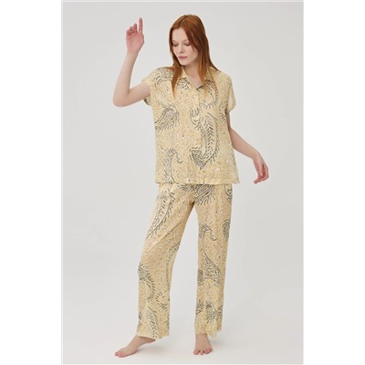 Dagi Kadın Sarı Saten Şal Desen Gömlek Pijama Takımı B0221Y0050
