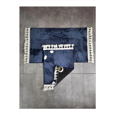 Saroni Elite Lacivert Ponpon Saçaklı Peluş 2'li Banyo Paspası Halısı Kaymaz Taban Klozet Takımı Püsküllü SRN-ELİTE-PNPSÇKBP-2Lİ
