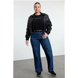Koyu Mavi Yüksek Bel Soluk Efekt Vintage Yıkama Geniş Paça Büyük Beden Wide Leg Jeans TBBSS24CJ00042