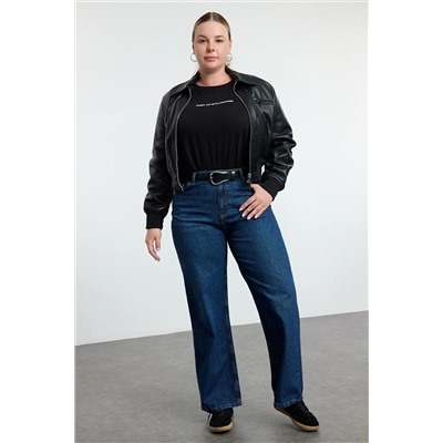 Koyu Mavi Yüksek Bel Soluk Efekt Vintage Yıkama Geniş Paça Büyük Beden Wide Leg Jeans TBBSS24CJ00042