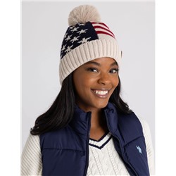 LADIES FLEECE LINED AMERICANA BEANIE WITH POM POM
