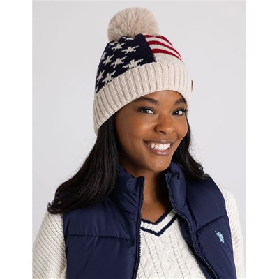 LADIES FLEECE LINED AMERICANA BEANIE WITH POM POM