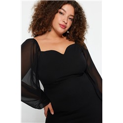 Siyah Uzun Kol Vücuda Oturan Yırtmaçlı Midi/Orta Boy Dokuma Elbise TBBAW24AH00089