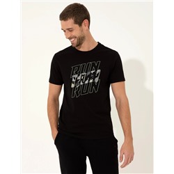 Siyah Slim Fit Baskılı Bisiklet Yaka Tişört