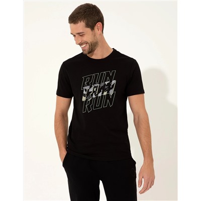 Siyah Slim Fit Baskılı Bisiklet Yaka Tişört