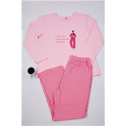 Pembe Çizgili Bisiklet Yaka Örme Pijama Takımı TBBAW25AI00041