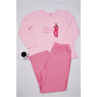 Pembe Çizgili Bisiklet Yaka Örme Pijama Takımı TBBAW25AI00041