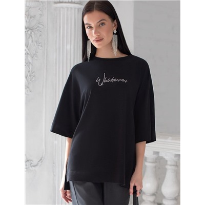 Футболка оверсайз с принтом стразами из премиального хлопка с эластаном