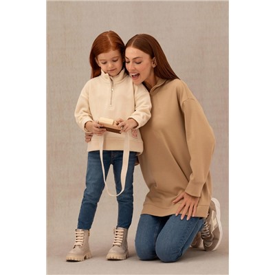 Kız Çocuk Krem Polarlı Polo Yaka Sweatshirt