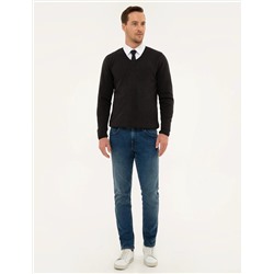 Antrasit Melanj Slim Fit V Yaka Basic Triko Kazak