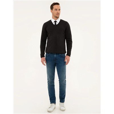 Antrasit Melanj Slim Fit V Yaka Basic Triko Kazak