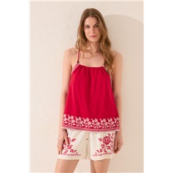 Camiseta tirantes 100% algodón rojo bordado