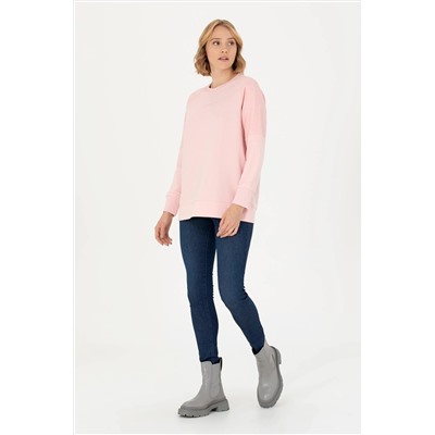 Kadın Toz Pembe Bisiklet Yaka Sweatshirt