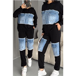 FEMELLE Kadın Siyah Kot Garnili Cep Detaylı Kapüşonlu Denim Alt Üst Takım 14200