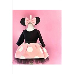 Anne Kız Tasarım Pembe Puantiyeli Minnie Mouse Elbise (UZUN KOL) MM123