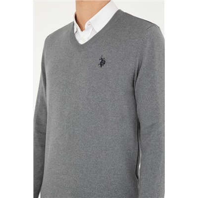 Erkek Slim Fit V Yaka Gri Melanj Basic Kazak