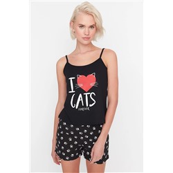 TRENDYOLMİLLA Siyah Baskılı Atlet-Şort Örme Pijama Takımı THMSS23PT00000