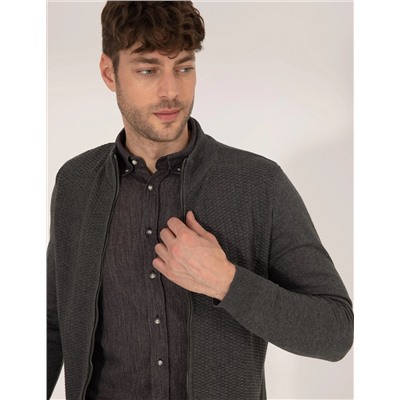 Gri Melanj Slim Fit Triko Hırka