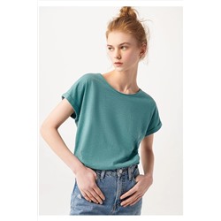 Mavi Cepli Yeşil Basic Tişört Loose Fit / Bol Rahat Kesim 165846-30735