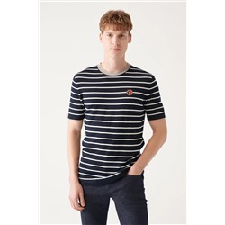 Avva, Erkek Lacivert Pamuklu Bisiklet Yaka Çizgili Triko T-shirt A31y5032