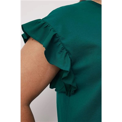 Zümrüt Yeşili Bisiklet Yaka Kolları Fırfırlı %100 Pamuk Örme T-Shirt TBBSS23BF00006