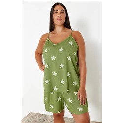 Trendyol Curve Mint Yıldız Desenli V Yaka Dokuma Pijama Takımı TBBSS24AI00064
