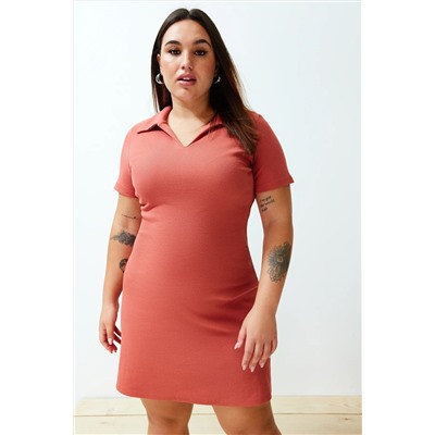 Kiremit Polo Yaka Midi Örme Büyük Beden Elbise TBBSS24AH00078