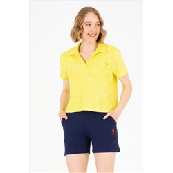 Kadın Neon Sarı Polo Yaka Crop Tişört