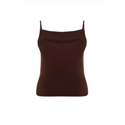 Kahverengi Degaje Yaka Askılı Örme Bluz TBBSS24AF00006