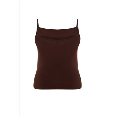 Kahverengi Degaje Yaka Askılı Örme Bluz TBBSS24AF00006