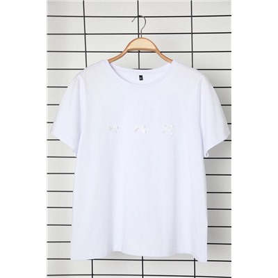Beyaz Slim Fit Fiyonk Detaylı Crop Boy Büyük Beden Örme T-shirt TBBSS25BF00001
