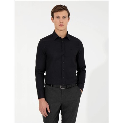 Siyah Slim Fit Armürlü Uzun Kollu Gömlek